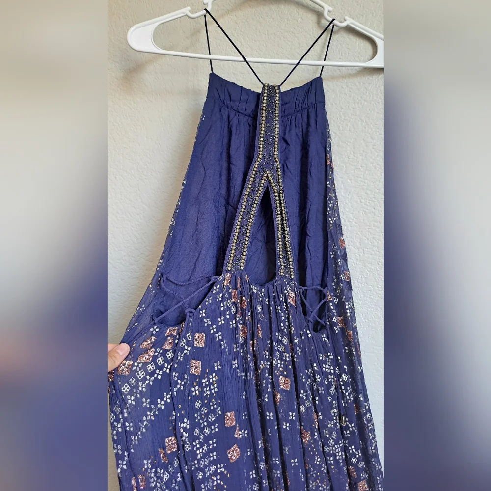 Free People Boho Strappy Beaded Glitter Open Back Maxi Dress Size XS
